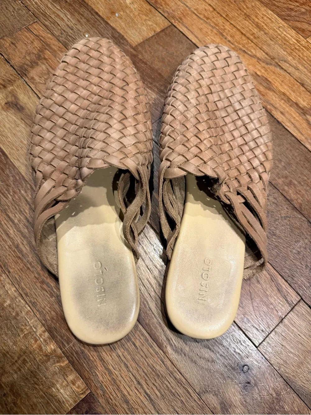 Nisolo Woven Leather Mule Flats in Taupe Brown